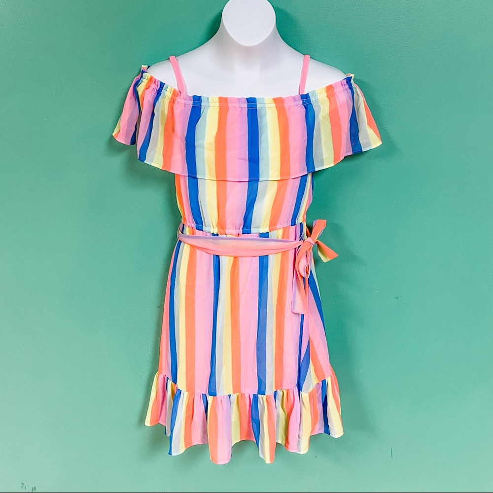 Rockets of Awesome Rainbow Striped Belted Cold Shoulder Dress Girls Size 7
